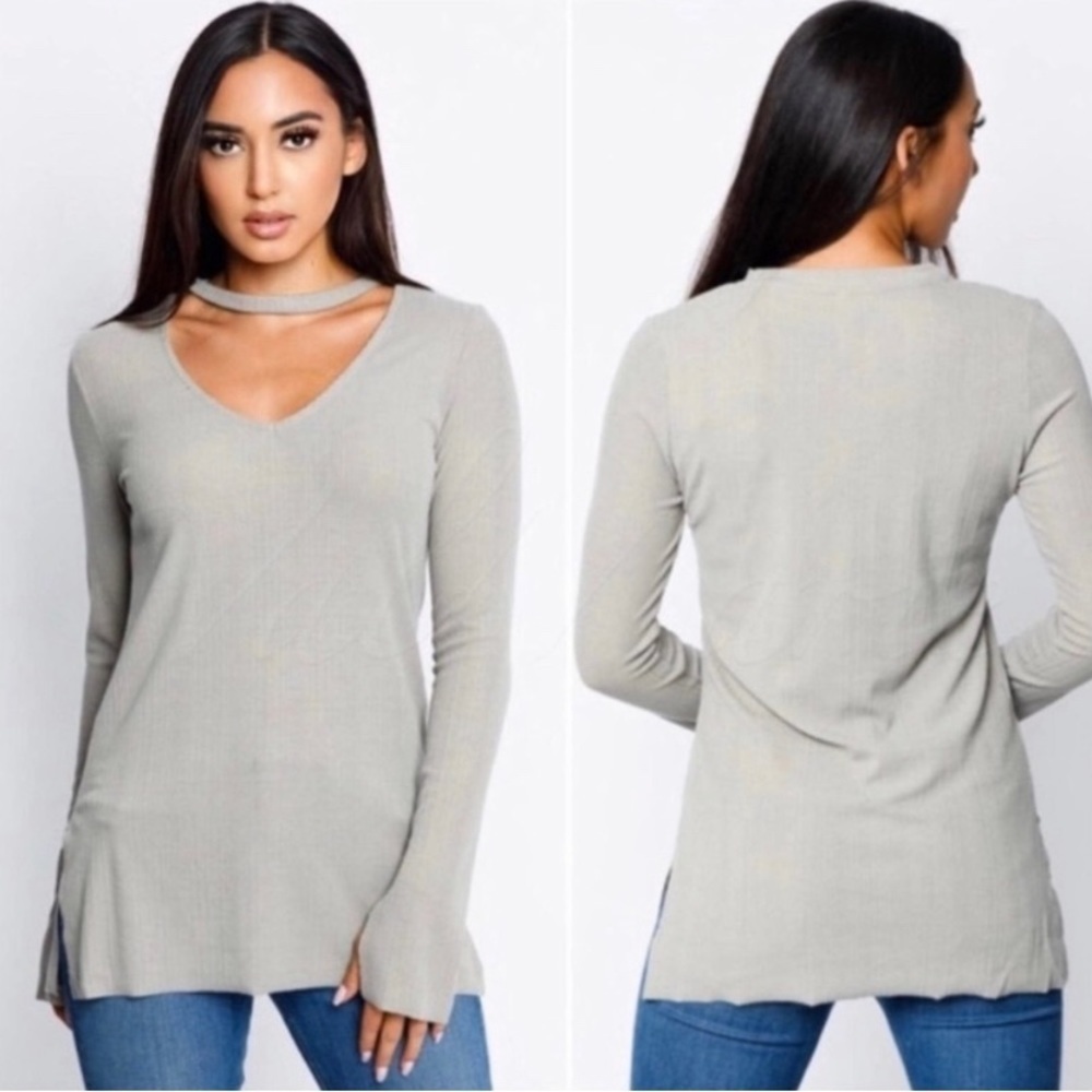 Ribbed Choker Neck Long Sleeve Top